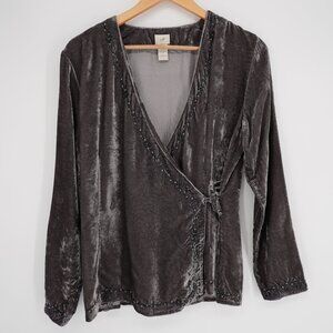 J Jill Velvet Wrap Tunic Top Sz 10 M Gray Beaded Whimsigoth Deep V Long Sleeve